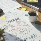 business-planning-session-represented-sheets-paper-spread-across-wooden-table-focal-point-document-labeled-plan-397749800