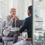 Business meeting, consulting or woman recruitment leader coaching employee or corporate worker in restaurant. Communication, hiring or interview in cafe for management, businessman or job interview.